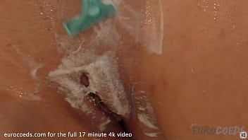 Play 18yo tasha mustache masturbation and pussy shave in the shower